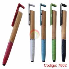 Lapicero bambú con touch y soporte celular + estuche ecológico